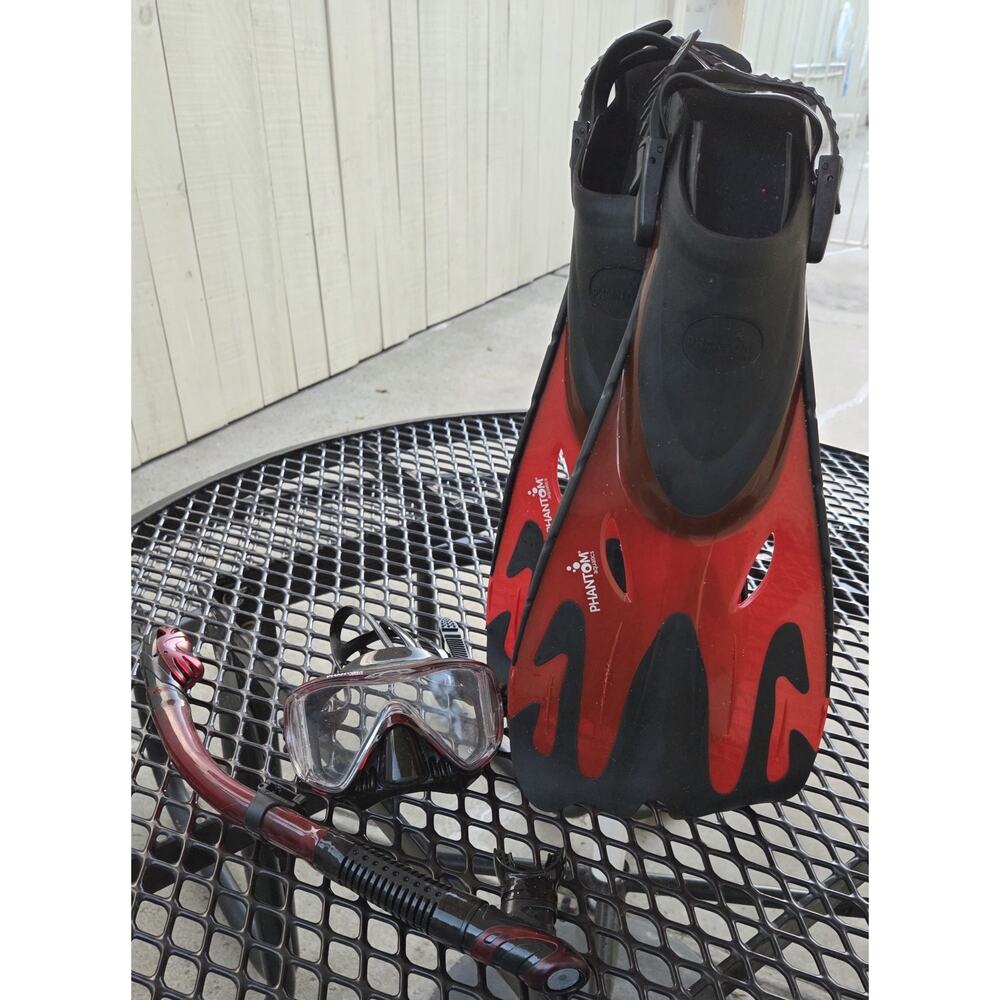 Phantom Aquatics Fins Flippers, Snorkel, Goggles, Bag Sz M/L Red & Black